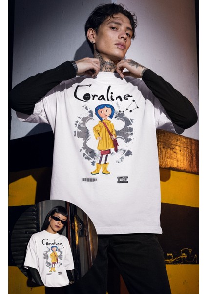 Oversize Coraline Karakter Baskılı T-Shirt, Unisex Korku Film Temalı Tişört