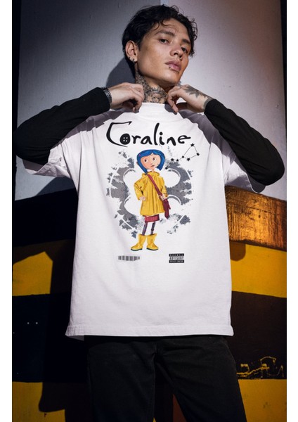 Oversize Coraline Karakter Baskılı T-Shirt, Unisex Korku Film Temalı Tişört modelleri