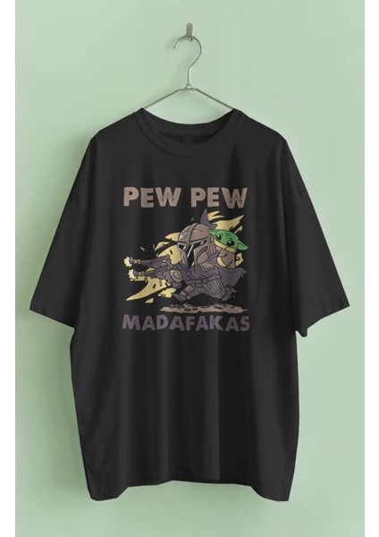 Unisex Pew Pew Masafakas Yazılı Tişört, Oversize Baby Yoda Temalı T-Shirt