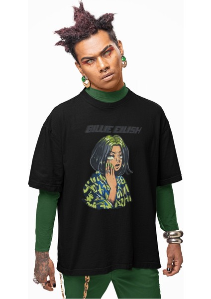 Unisex Cartoon Style Billie Eilish Baskılı Tişört, Oversize Müzik Temalı T-Shirt