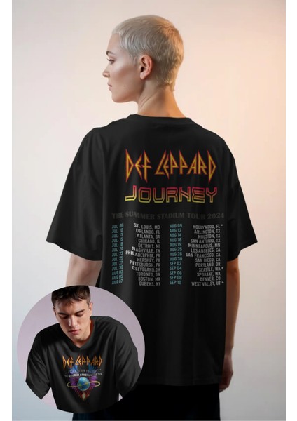 Unisex Def Leppard Journey Sırt Baskılı Tişört, Oversize Rock Band Temalı T-Shirt