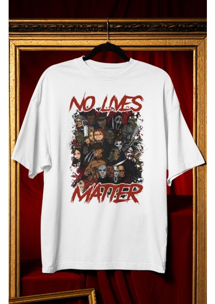 Unisex No Lives Matter Yazılı Tişört, Oversize Korku Filmi Karakterleri Hallowen Temalı T-Shirt