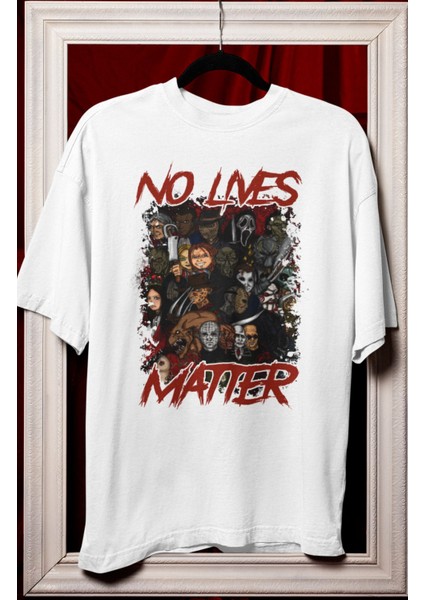 Unisex No Lives Matter Yazılı Tişört, Oversize Korku Filmi Karakterleri Hallowen Temalı T-Shirt fiyatları