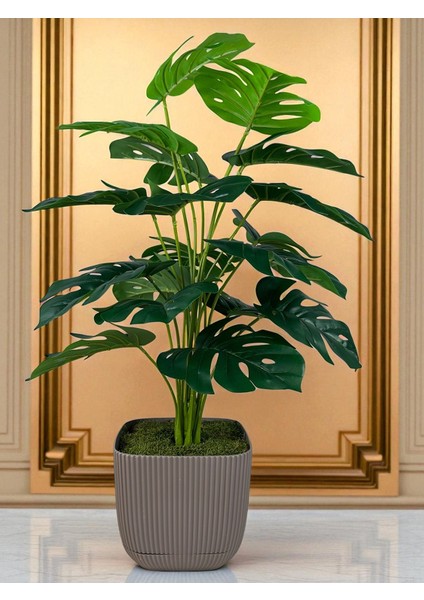 Yapay Ağaç Monstera Deve Tabanı Bitkisi 18 Yaprak 75CM Plastik Saksıda Yapay Salon Çiçeği Hediyelik