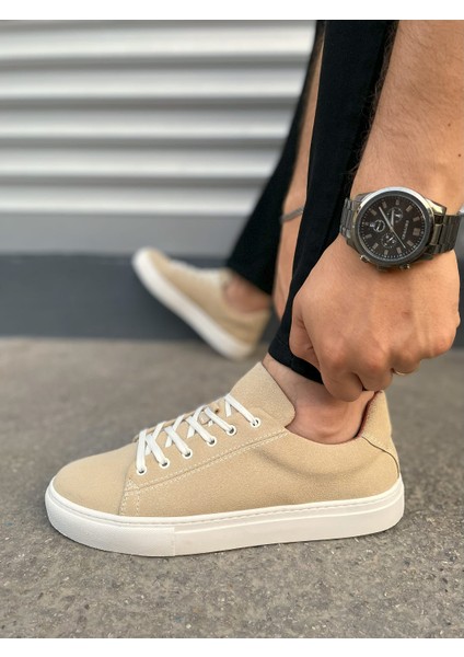 JY122 Mode Bağcıklı Günlük Erkek Sneaker - Süet Bej