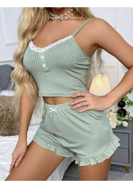 Yeşil Kurdele Detaylı Şortlu Pijama Takım