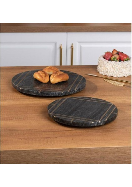 Siyah Renk 2li Yuvarlak Mermer Sunumluk Seti 25 cm & 30 cm modelleri