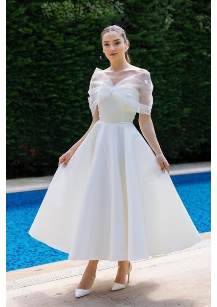 Çiçek Detaylı Tarlatanlı Saten Kiloş Abiye