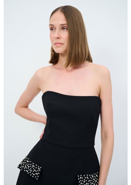 Cep Kapaklı Straplez Elbise Siyah 12444109002 fiyatları