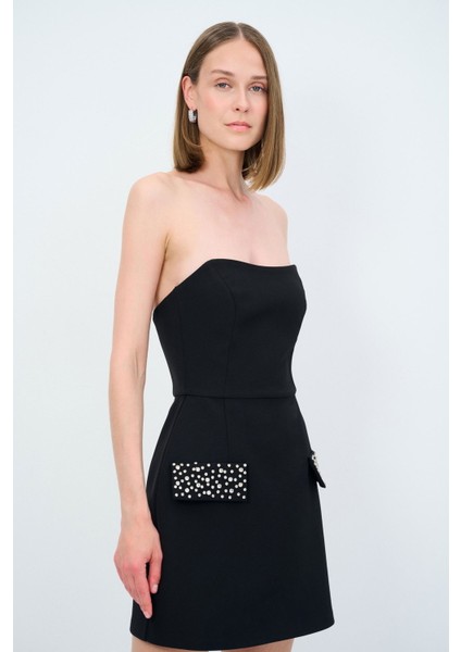 Cep Kapaklı Straplez Elbise Siyah 12444109002 fırsatları