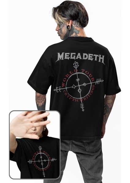 Unisex Cryptic Writings World Tour Sırt Baskılı Tişört, Oversize Megadeth Temalı T-Shirt