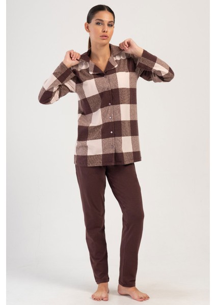 Pamuklu Kadın Büyük Beden Yaka Tamamı Düğmeli Uzun Pijama Takım , 404039