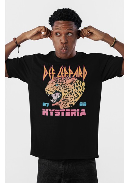 Unisex Def Leppard Hysteria Baskılı Tişört, Oversize Rock Grubu Temalı Bisiklet Yaka T-Shirt