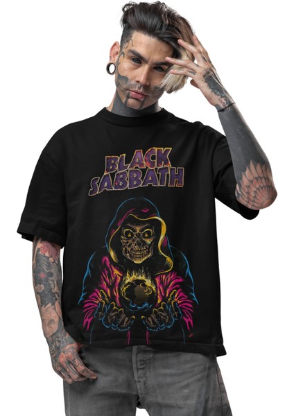Unisex Black Sabbath Skull Baskılı Tişört, Oversize Rock Grubu Temalı T-Shirt