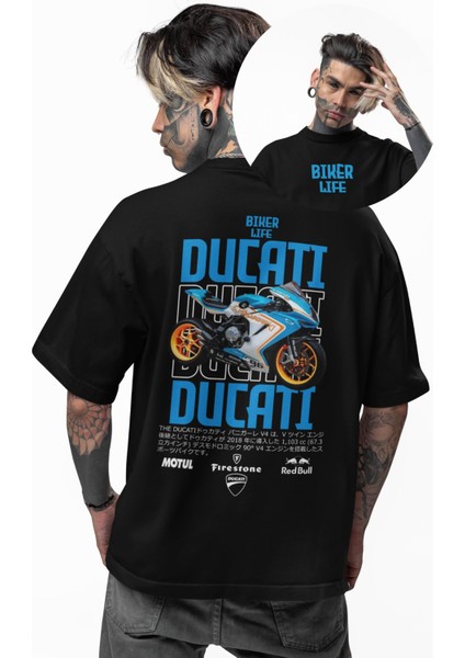 Unisex Kırmızı Mavi Ducatti Biker Life Sırt Baskılı Tişört, Oversize Motorsiklet Temalı T-Shirt