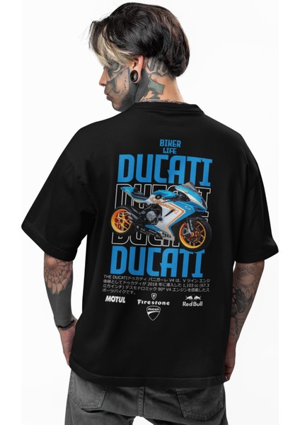 Unisex Kırmızı Mavi Ducatti Biker Life Sırt Baskılı Tişört, Oversize Motorsiklet Temalı T-Shirt modelleri