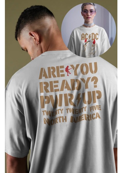 Unisex Are You Pwr Up Ac-Dc Sırt Baskılı Tişört, Oversize Rock Band Temalı T-Shirt