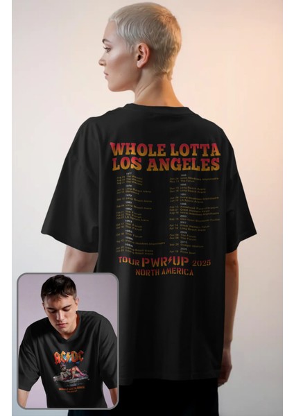 Unisex Ac Dc Whole Lotta Rosie Pwrd Up Sırt Baskılı Tişört, Oversize Rock Band Temalı T-Shirt