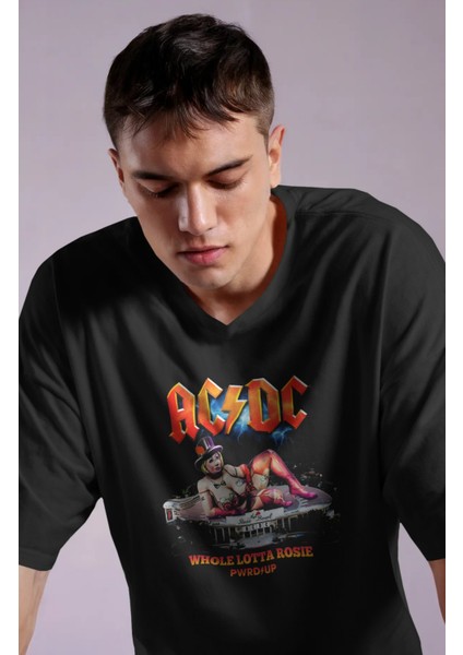 Unisex Ac Dc Whole Lotta Rosie Pwrd Up Sırt Baskılı Tişört, Oversize Rock Band Temalı T-Shirt fiyatları