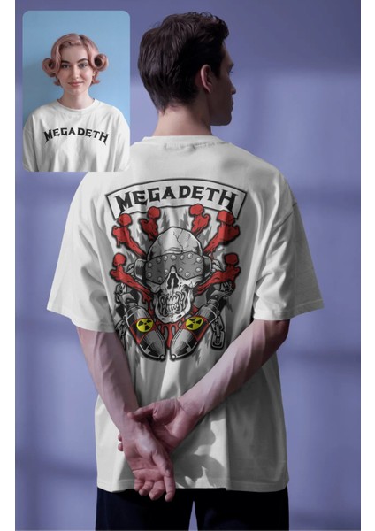 Unisex Kuru Kafalı Megadeth Sırt Baskılı Tişört, Oversize Rock Band Temalı T-Shirt