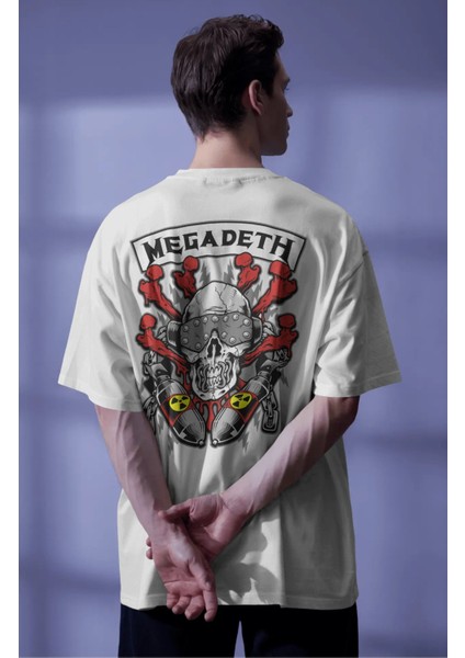 Unisex Kuru Kafalı Megadeth Sırt Baskılı Tişört, Oversize Rock Band Temalı T-Shirt modelleri