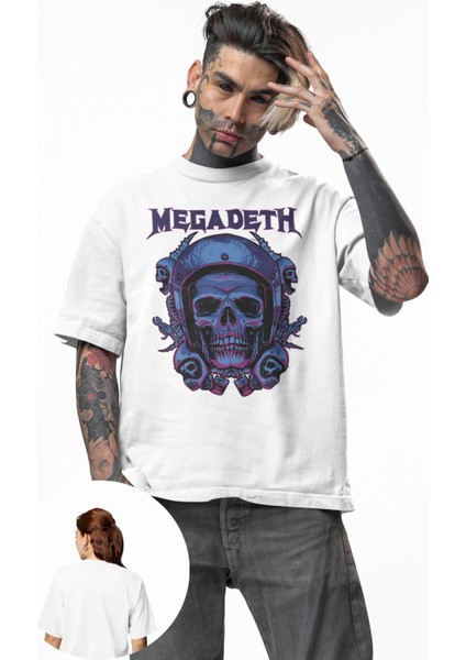Unisex Megadeth Gas Mask Skull Baskılı Tişört, Oversize Rock Band Temalı T-Shirt