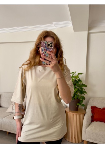 Bej Oversize Pamuklu Bisiklet Yaka T-Shirt