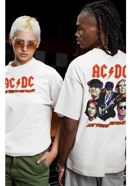 Unisex Let There Be Rock Ac-Dc Sırt Baskılı Tişört, Oversize Rock Grubu Temalı T-Shirt