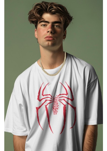 Unisex With Great Power Comes Great Responsibility Yazılı Tişört, Oversize Örümcek Baskılı T-Shirt