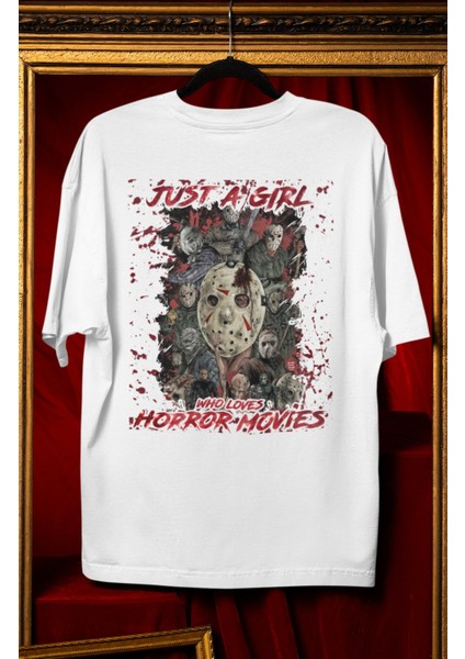 Unisex Who Loves Horror Movies Sırt Yazılı Tişört, Oversize Korku Film Temalı T-Shirt
