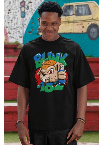 Unisex BLINK-182 Squirrel Baskılı Tişört, Oversize Rock Grubu Temalı Bisiklet Yaka T-Shirt