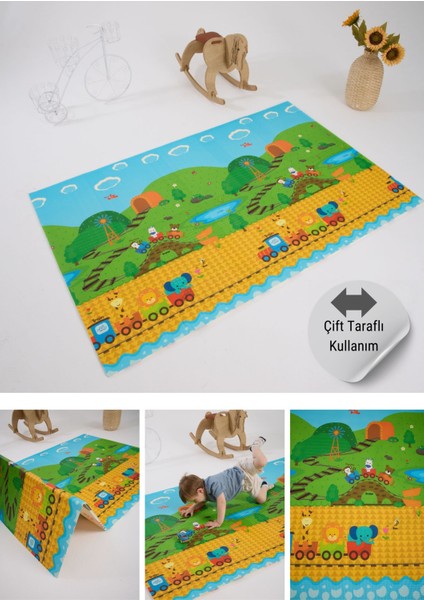 Monimubaby Katlanabilir Çift Taraflı Oyun Matı-Oyun Halısı 200X130X1CM (Taşıma Çantalı)