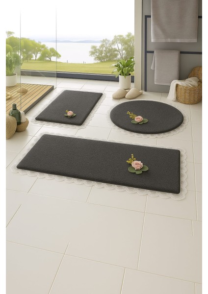 3'lü Antrasit Özel Tasarım Jel Kaymaz Taban Post Peluş Banyo Paspas Takımı (60X100-60X50-50X50 (Oval)