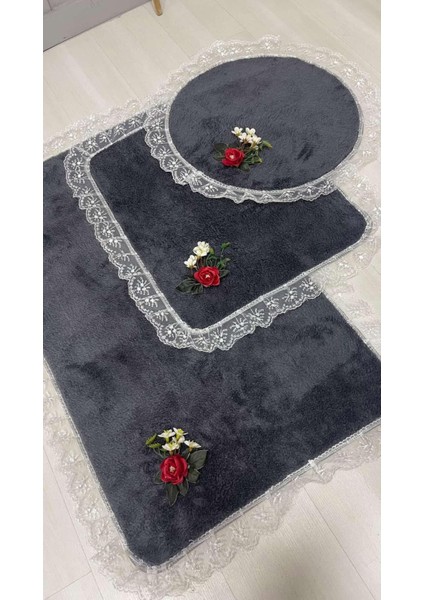3'lü Antrasit Özel Tasarım Jel Kaymaz Taban Post Peluş Banyo Paspas Takımı (60X100-60X50-50X50 (Oval) modelleri