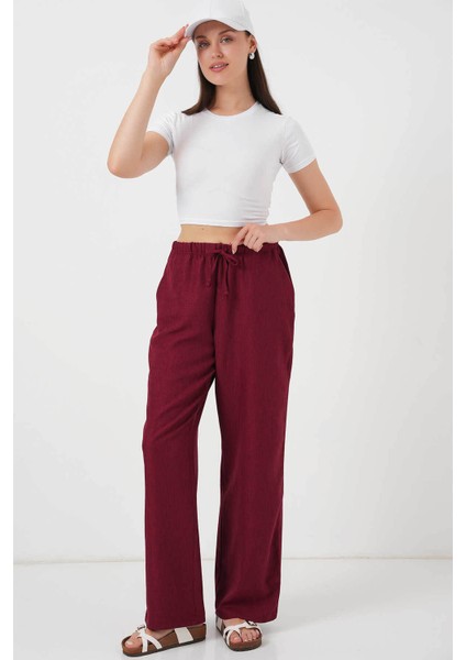 Geniş Paça Keten Bordo Kadın Pantolon 6735