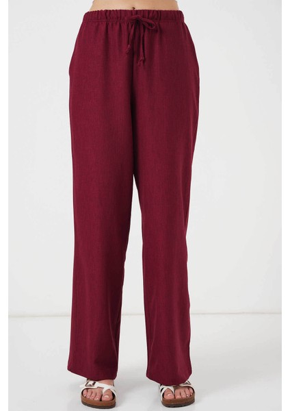 Geniş Paça Keten Bordo Kadın Pantolon 6735 modelleri