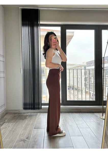 Kadın Kahve Renk Modal Kumaş Bel Lastikli Palazo Pantolon modelleri