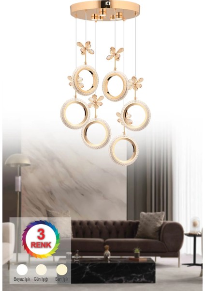 Halka 6'lı Gold Kumandalı 3 Renk Ledli Kristal Taşlı Modern LED Avize modelleri