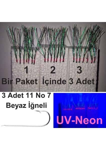 Çapari, İstavrit Çaparisi, 20x12 Beden, Ultraviyole Uv Neon Koyu Yeşil Sim, 11 No Beyaz 7 İğneli, 3lü Paket