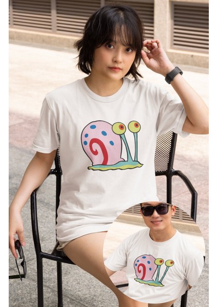 Unisex Salyangoz Gary Baskılı Tişört, Oversize Sünger Bob Karakteri Baskılı T-Shirt