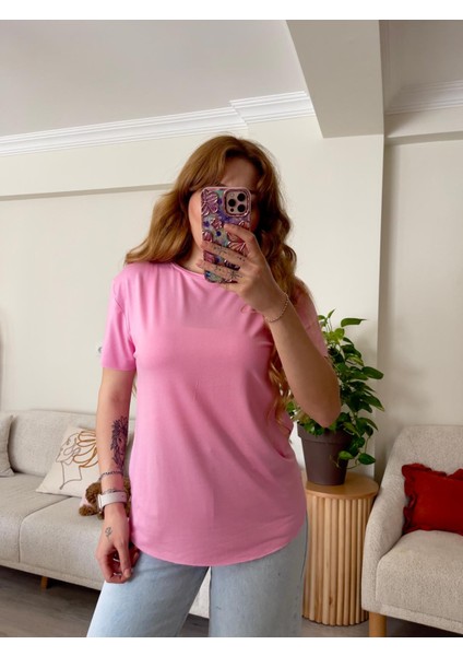 Pembe Lazer Kesim Modal Tişört