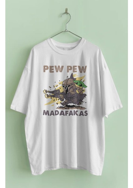 Unisex Pew Pew Masafakas Yazılı Tişört, Oversize Baby Yoda Temalı T-Shirt
