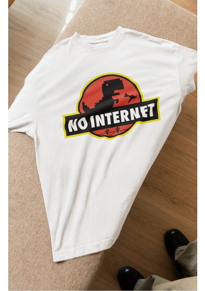 Unisex No Internet Yazılı Tişört, Oversize Komik Jurassic Park Temalı T-Shirt