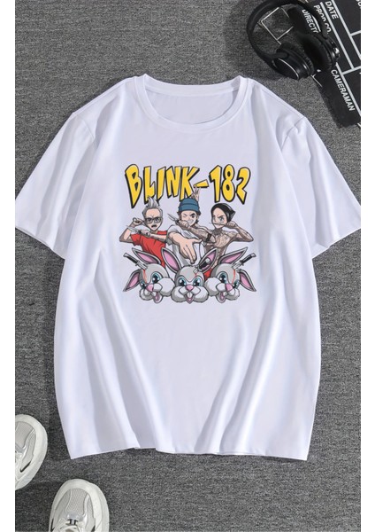 Unisex Blink 182 Bunny Baskılı Tişört, Oversize Rock Band Temalı T-Shirt