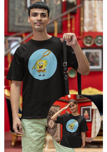 Unisex Web Sünger Bob Baskılı Tişört, Oversize Sünger Bob Karakteri Baskılı T-Shirt