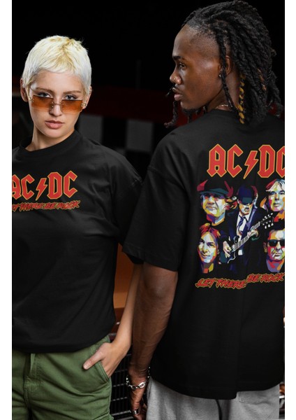 Unisex Let There Be Rock Ac-Dc Sırt Baskılı Tişört, Oversize Rock Grubu Temalı T-Shirt