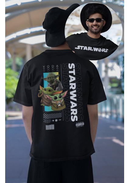 Unisex Cute Yoda Sırt Baskılı Tişört, Oversize Star Wars Yazılı T-Shirt