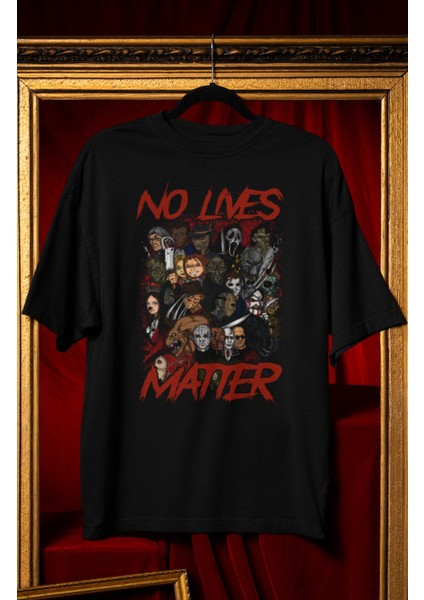 Unisex No Lives Matter Yazılı Tişört, Oversize Korku Filmi Karakterleri Hallowen Temalı T-Shirt