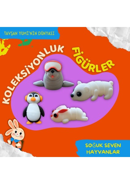 Soğuk Seven Hayvanlar Koleksiyonu - 4 Parça Hareketli Oyuncaklar ve Bilgilendirici Kartlar - Fok Balığı, Penguen, Tavşan, Kutup Ayısı