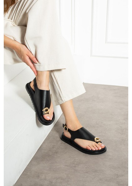 Wespa Kadın Terlik Parmak Arası Tokalı Siyah Deri